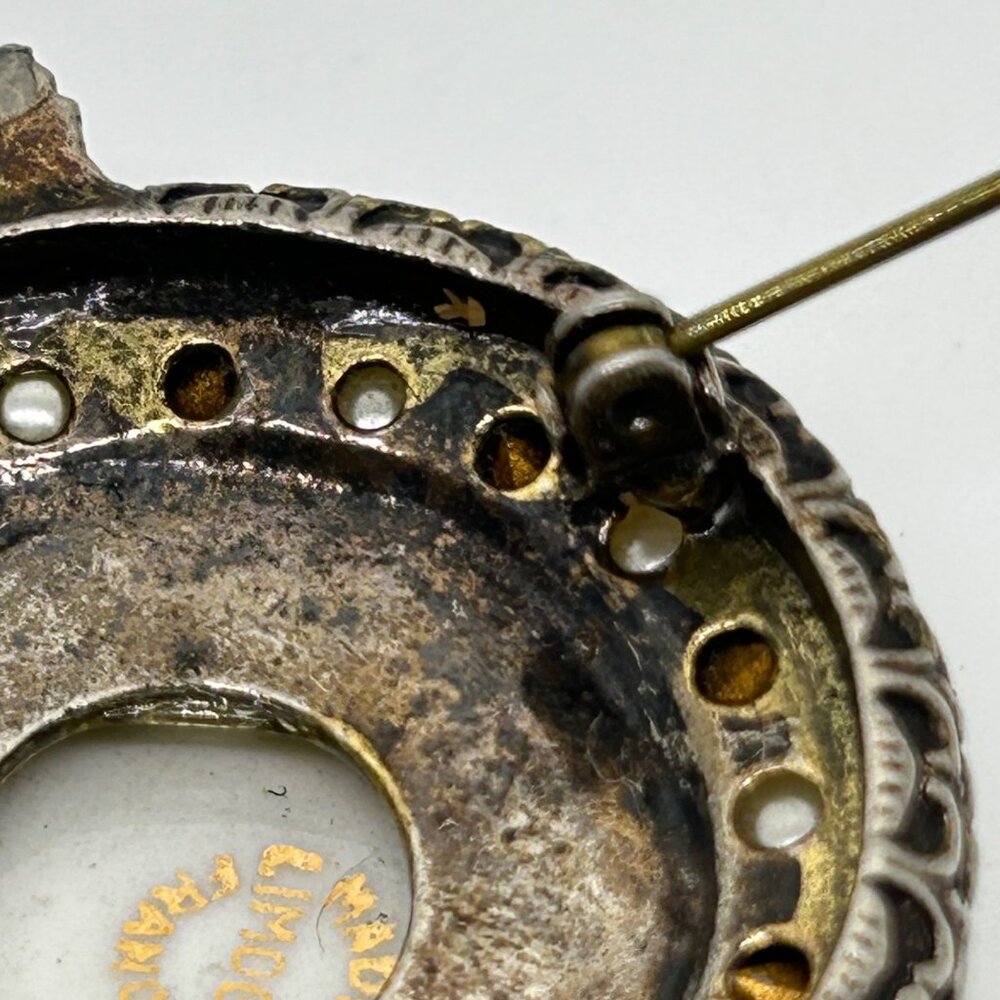 Vintage Limoges Porcelain Cameo Brooch Faux Pearls Rhinestones Hand Painted READ - Picture 11 of 16